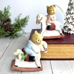 Vintage Porcelain Bisque Rocking Horse Teddy Bears Christmas Ornaments Set of 2